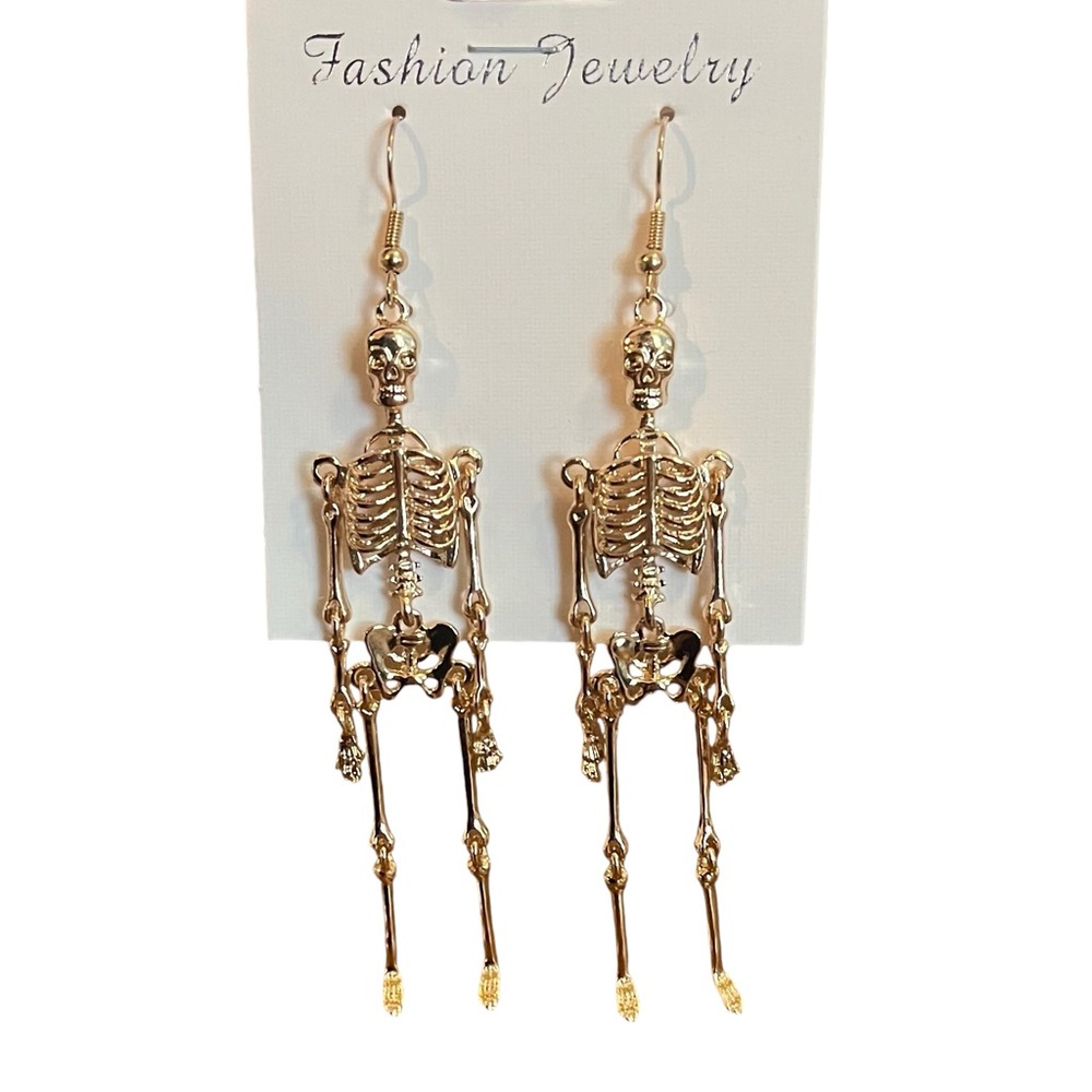 Gold skeleton four inch dangle earrings french wire alloy - Picture 2 of 6